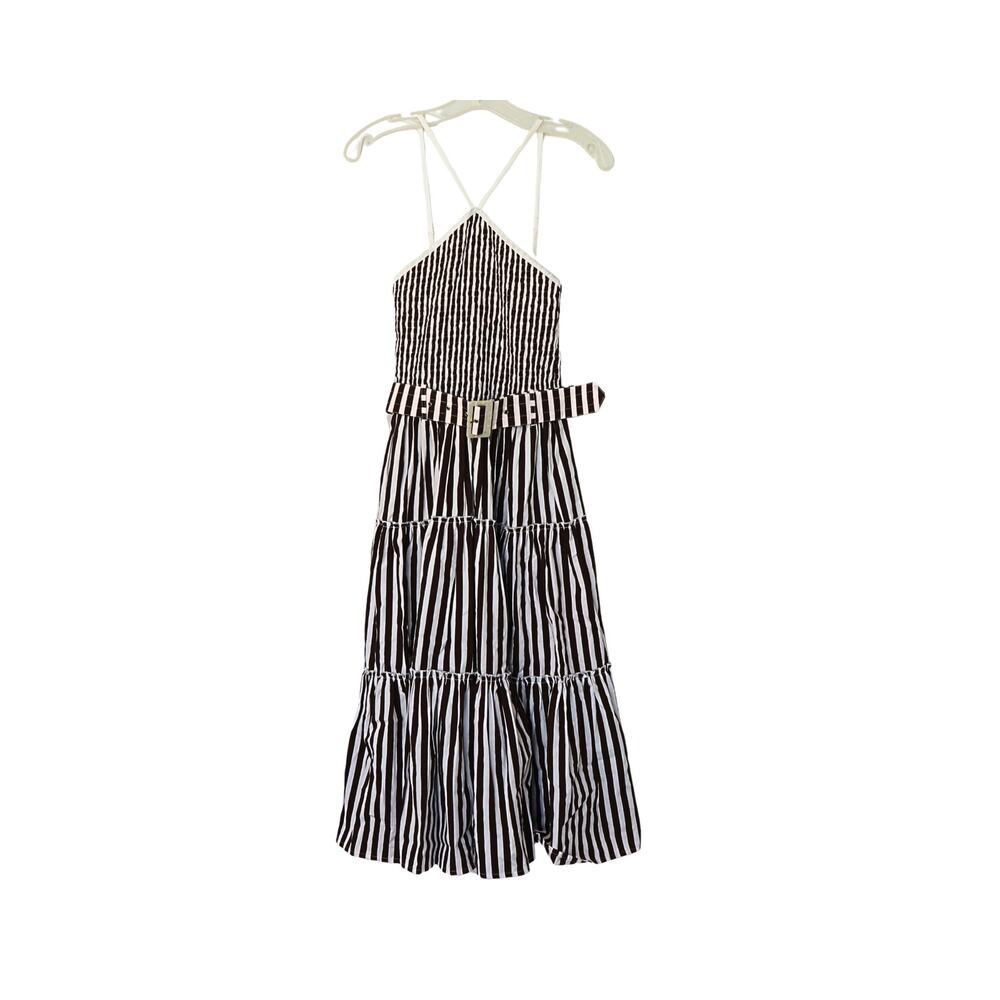 LUSANA Arlen Belted Poplin Midi Dress - Brown Stripe - S